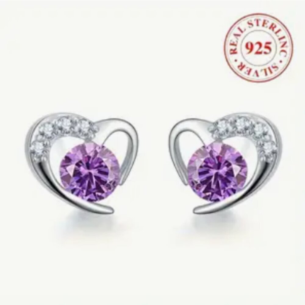 Amethyst Style Stone 925 Sterling Silver Heart with Faux Diamonds Posts NWT